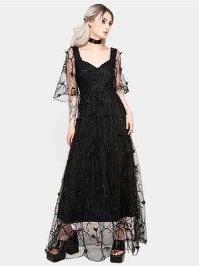 knee length dresses for ladies Rosaleigh Flock Velour Mesh Long Sleeve Top | Disturbia main image 1